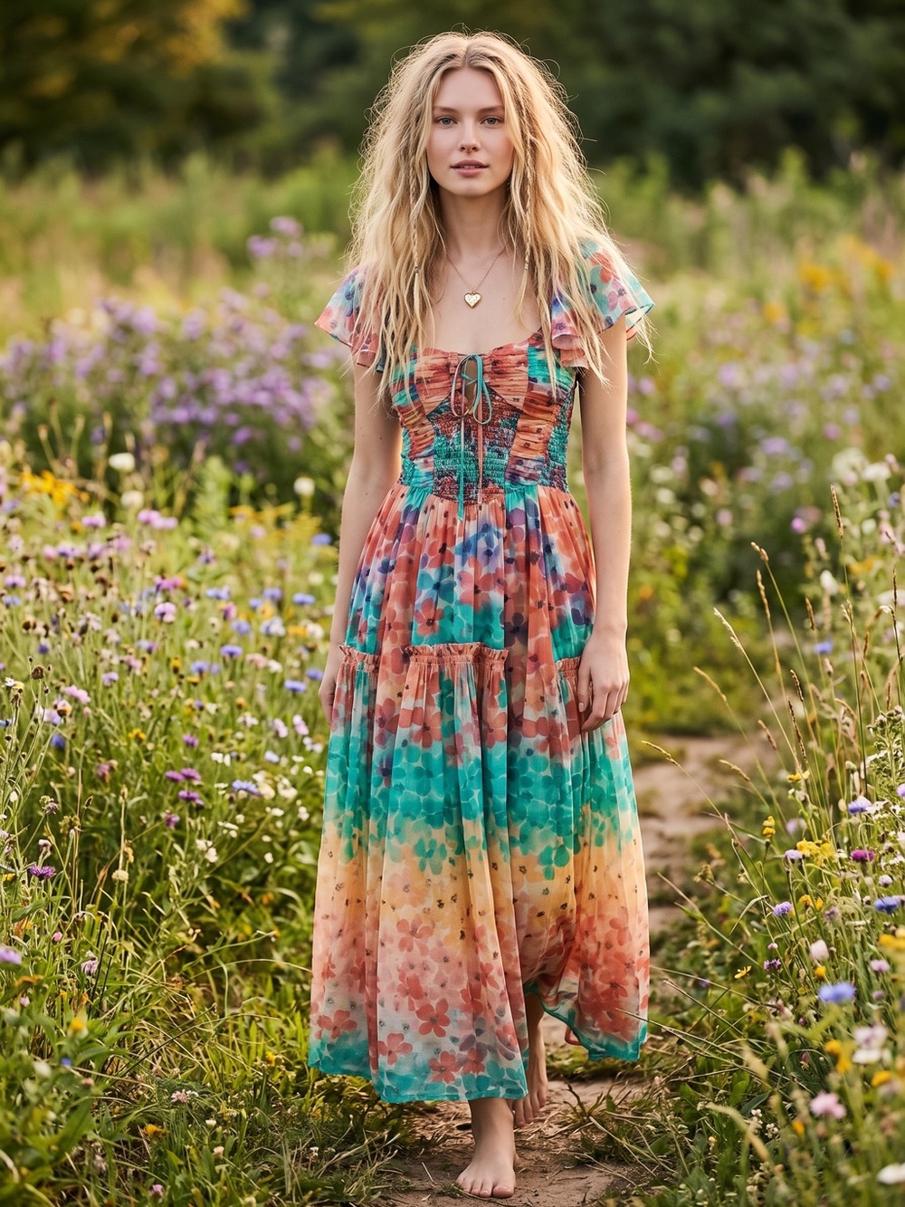 Free People Sunshine Maxi Dress in Soft Tropical Combo Size Medium NWT